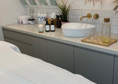 Tranquil beauty treatment room at Beauty + Wellness by Faye Jervis, Sheffield, England, GB with soothing decor.