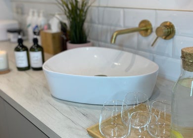Elegant sink and wellness items at Beauty + Wellness by Faye Jervis, Sheffield, England, GB.