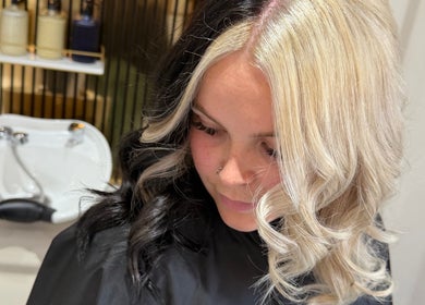 Stylish blonde and black hair at Dolly Rocks Hair & Beauty, Gorseinon, Wales, GB.