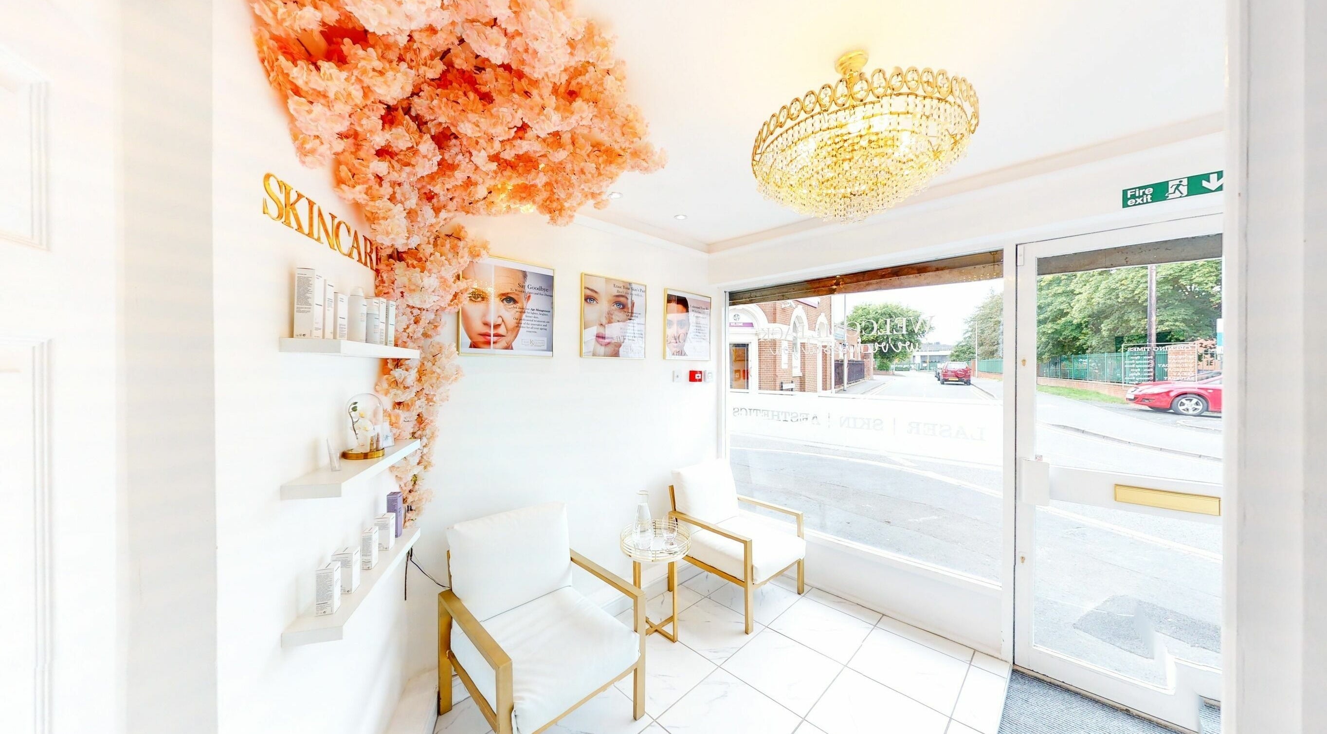 Elegant waiting area at The KS Clinic, Oldbury, England, GB, with floral decor and cozy seating.