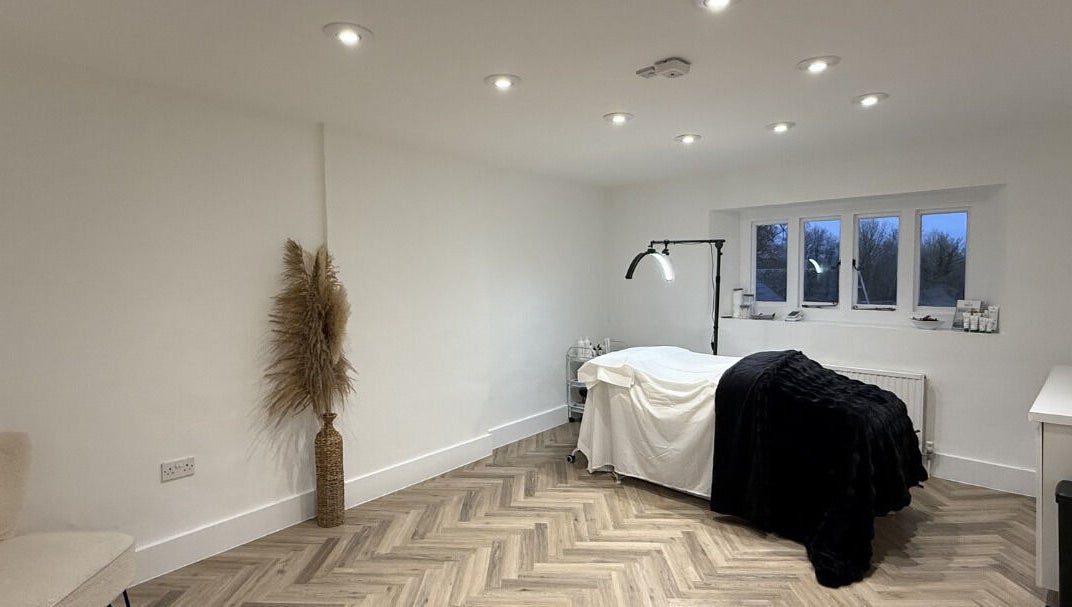 Calm treatment room at The Facialist Hampshire, Farleigh Wallop, England. Perfect for relaxation and skincare.