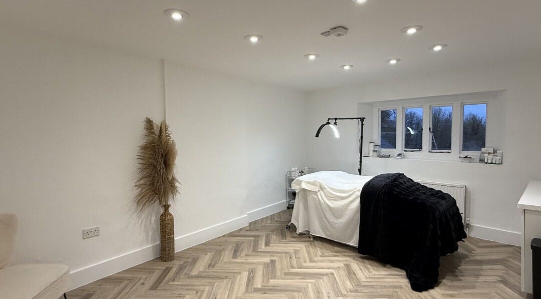 Calm treatment room at The Facialist Hampshire, Farleigh Wallop, England. Perfect for relaxation and skincare.