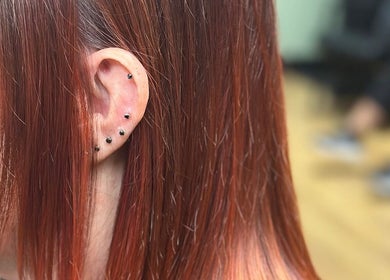 Close-up of stylish ear piercings at Sally Hoo in Hagerstown, Maryland, US.