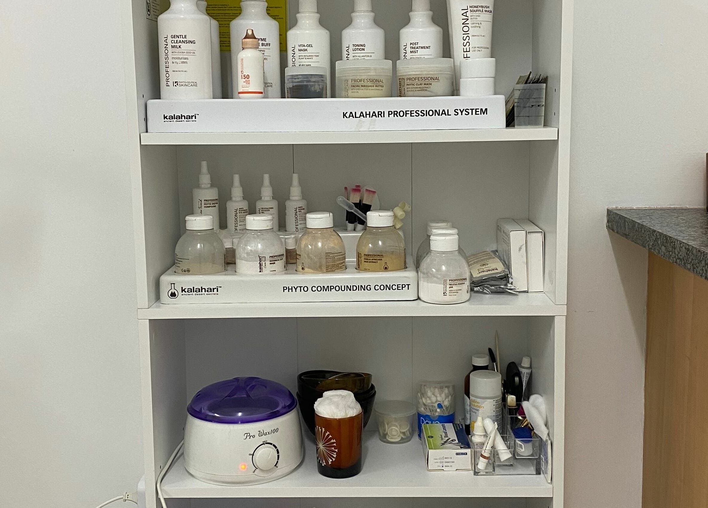 Beauty and wellness products on a shelf at Sublimity, Modimolle, Limpopo, ZA.