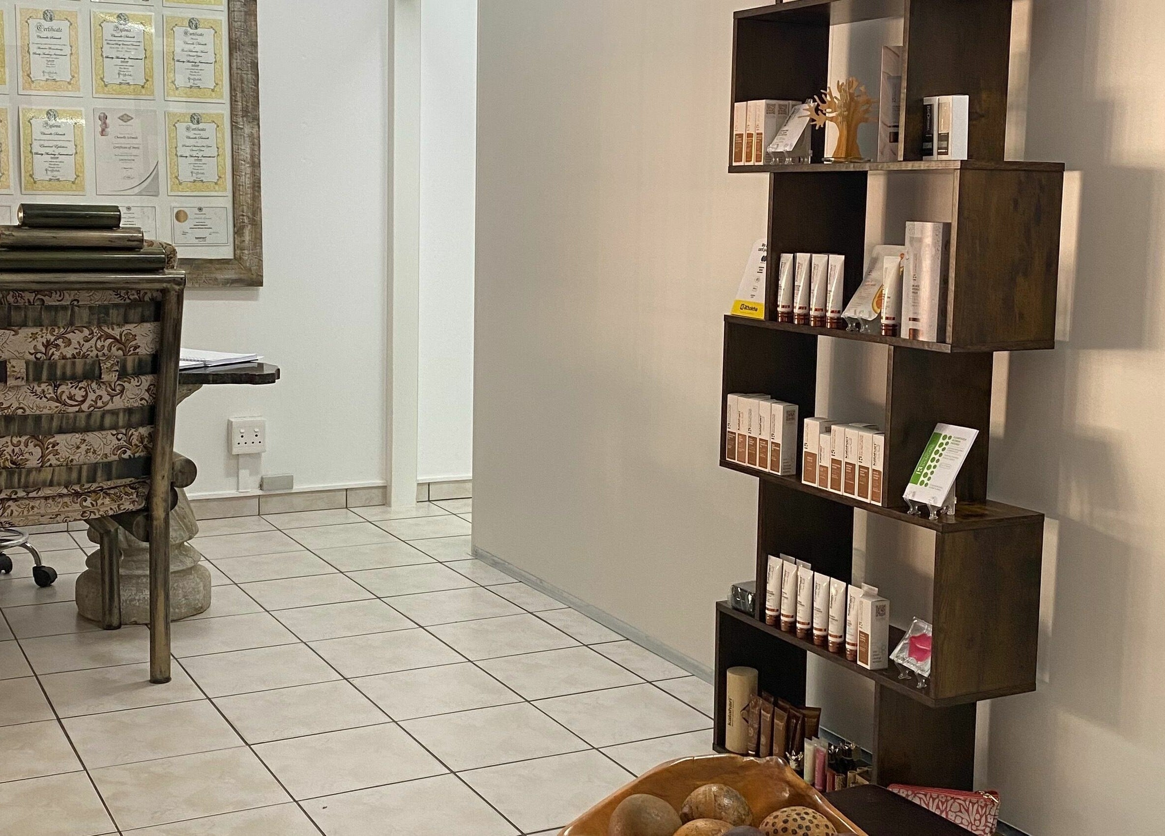 Beautiful desk and product shelf at Sublimity, Modimolle, Limpopo, ZA, showcasing a serene work area.