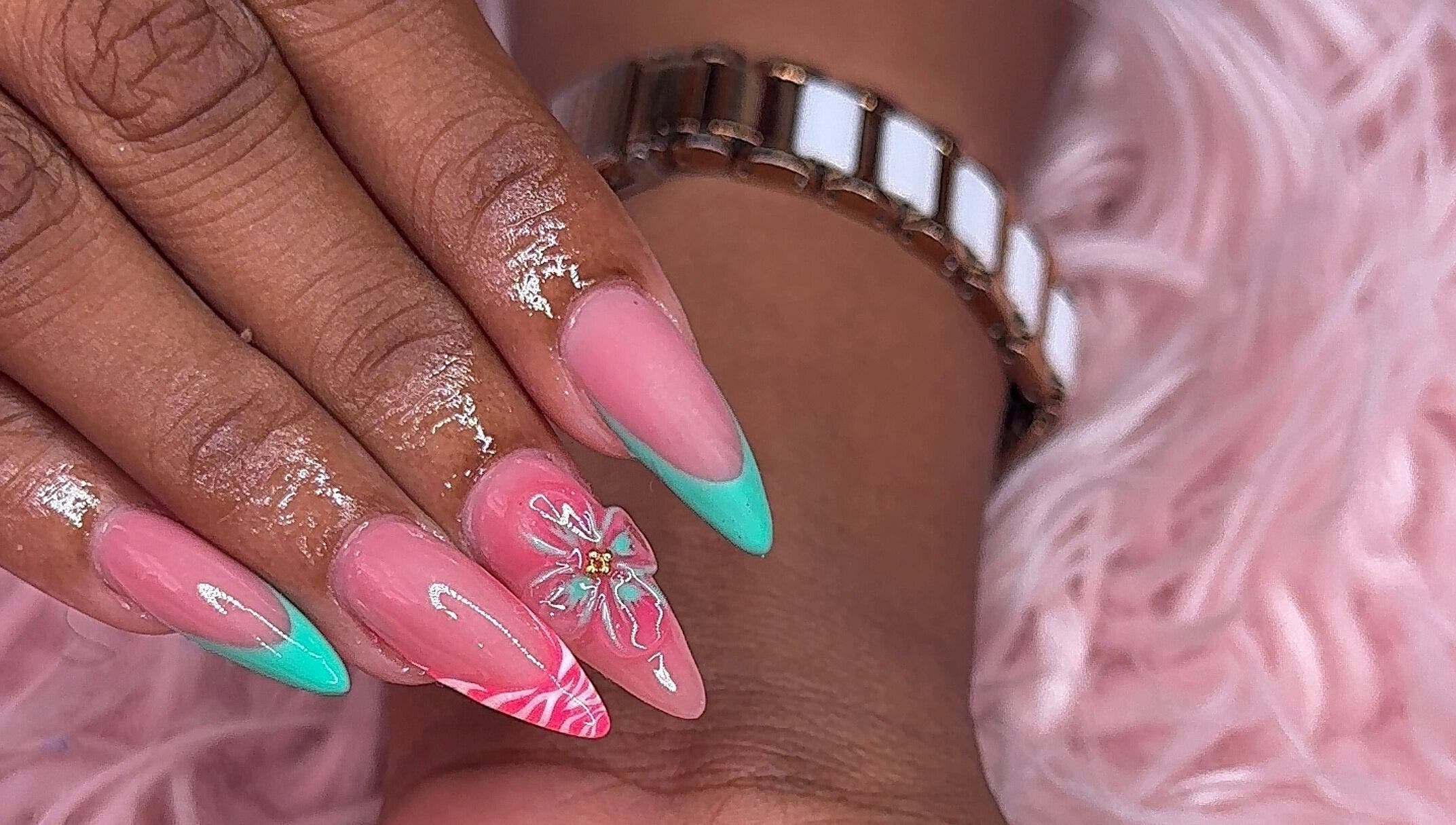 Elegant aqua and blush nail art at SM Beauty Bar & Spa, Maynards, Saint Peter, BB.