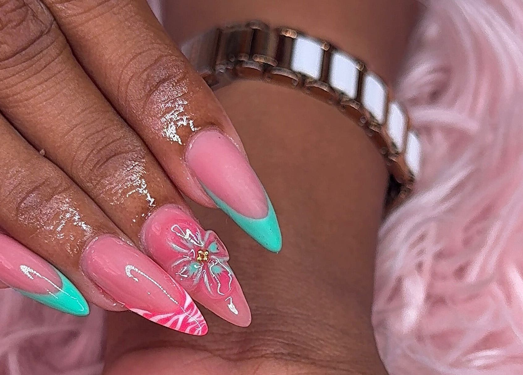 Elegant aqua and blush nail art at SM Beauty Bar & Spa, Maynards, Saint Peter, BB.