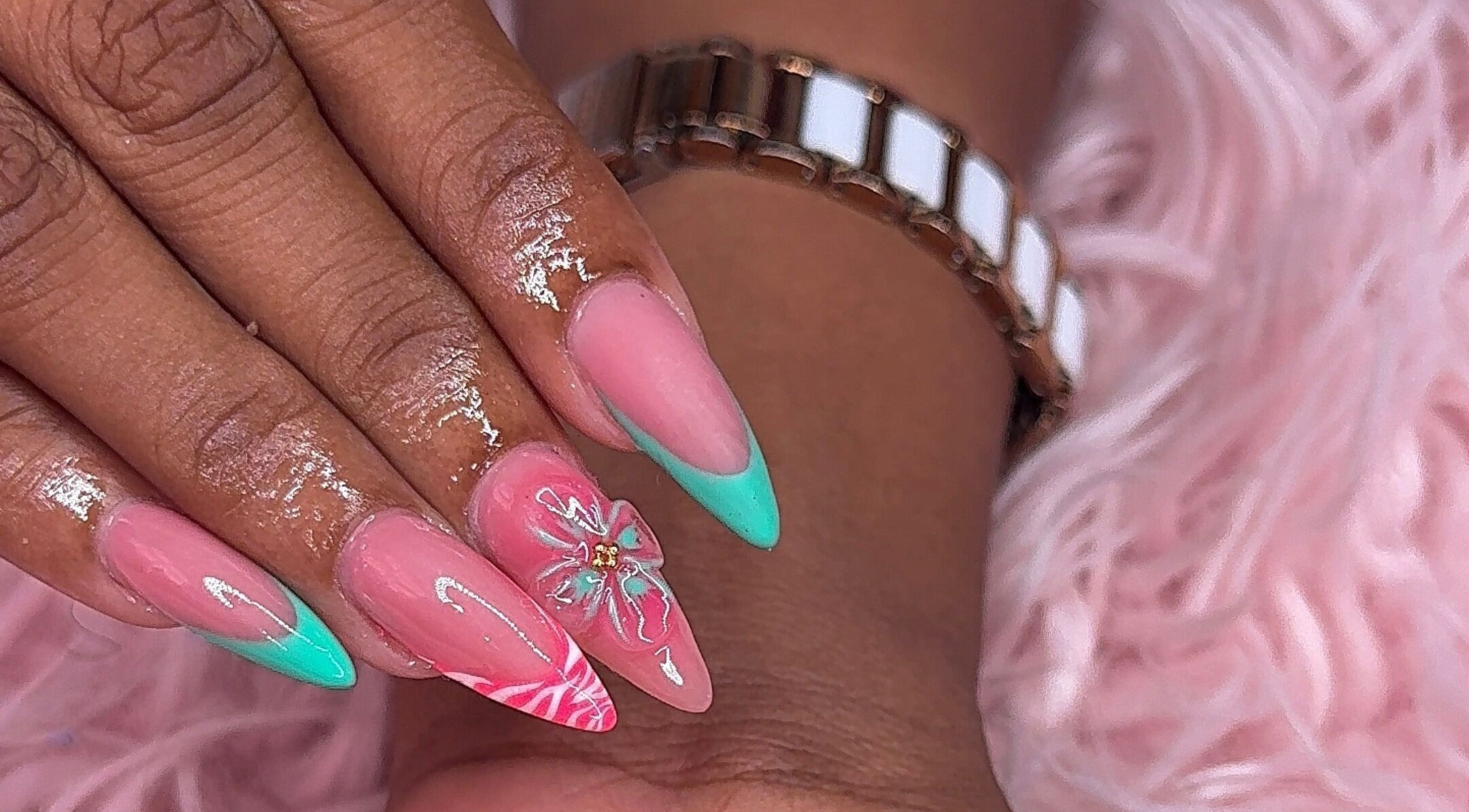 Elegant aqua and blush nail art at SM Beauty Bar & Spa, Maynards, Saint Peter, BB.