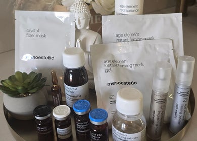 Skincare products at The Beauty Cabin, Calahonda, Andalucía, ES, featuring Mesoestetic treatments.