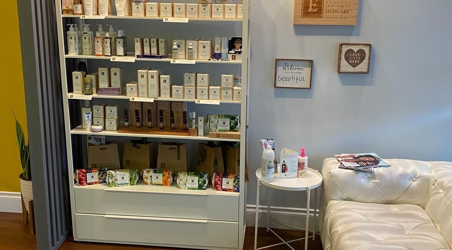 Elegant product display at Voka Deka Esthetics Salon in Vancouver, British Columbia, CA showcasing skincare items.