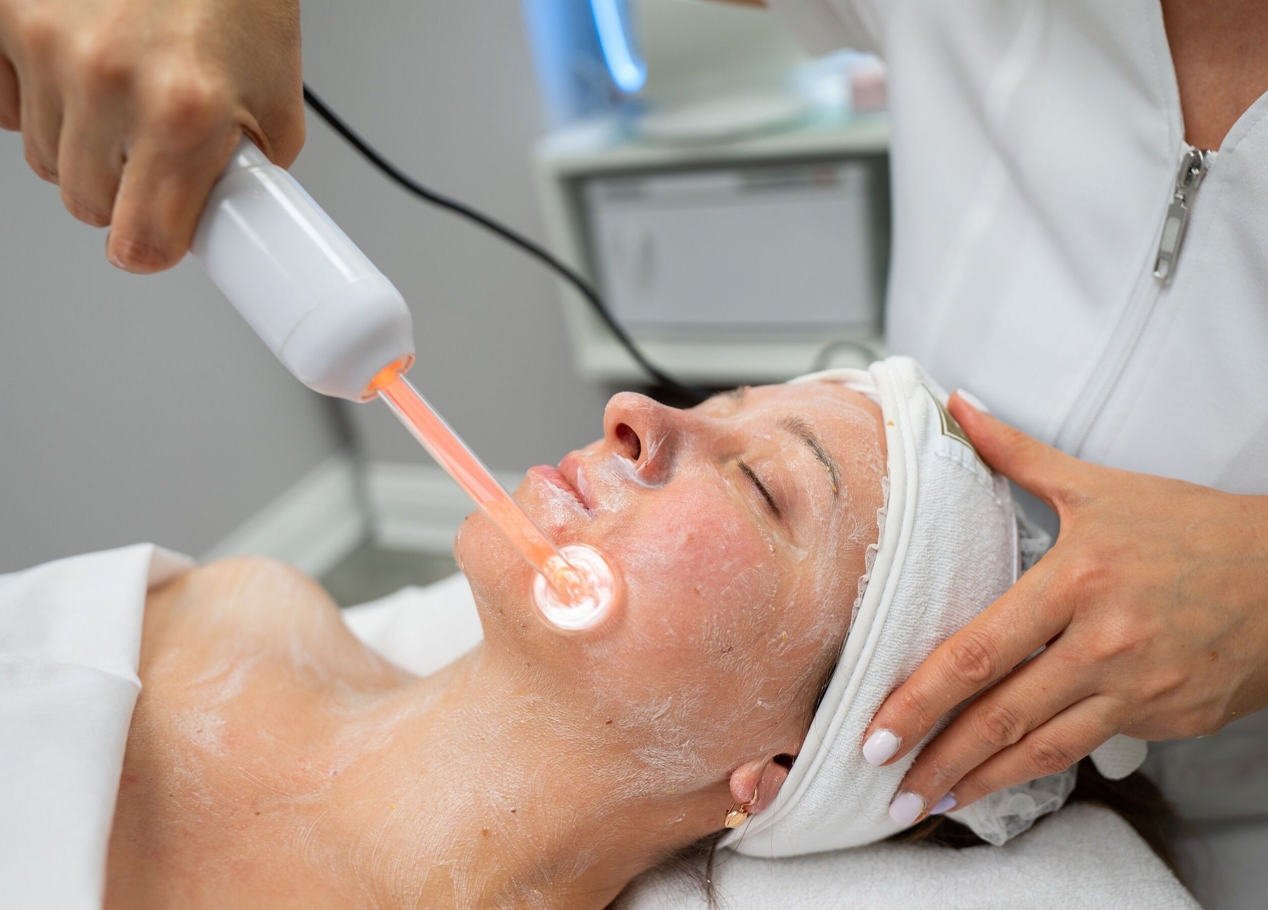 Facial treatment at Voka Deka Esthetics Salon, Vancouver, British Columbia, CA. Skin rejuvenation in progress.