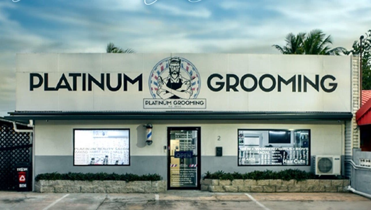 Platinumgrooming Tt's modern storefront in Couva, TT, showcasing elegance and style in beauty and wellness.