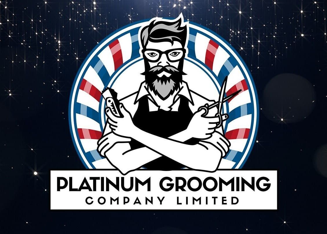 Logo of Platinumgrooming Tt, Couva, TT with barber tools and stars background.