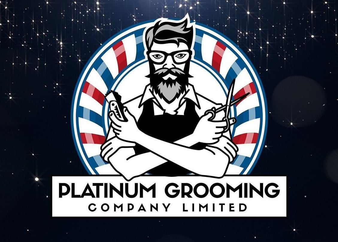 Logo of Platinumgrooming Tt, Couva, TT with barber tools and stars background.