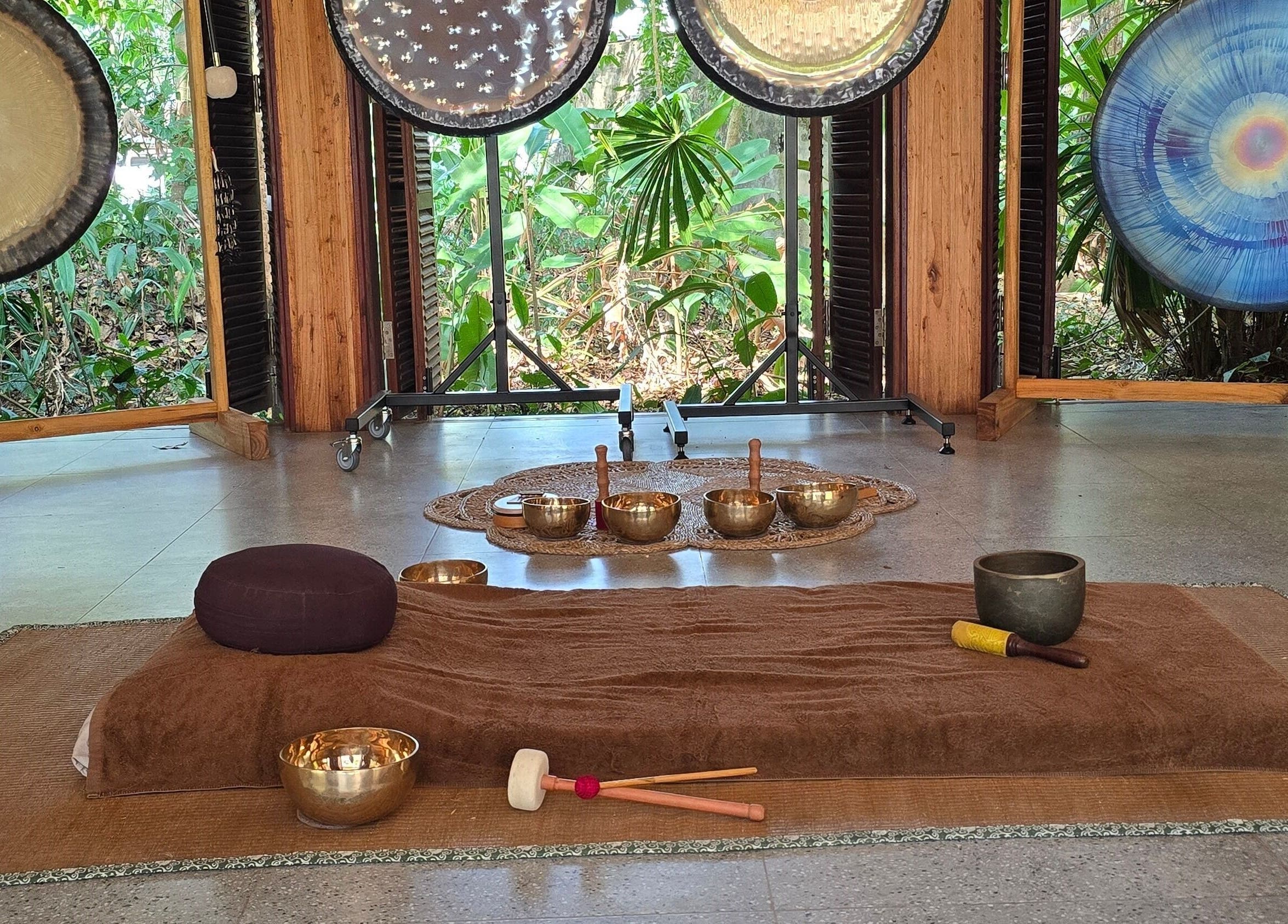 Relaxing meditation area at Mango Bay Spa, Phú Quốc, Kiên Giang, VN with gongs and singing bowls.