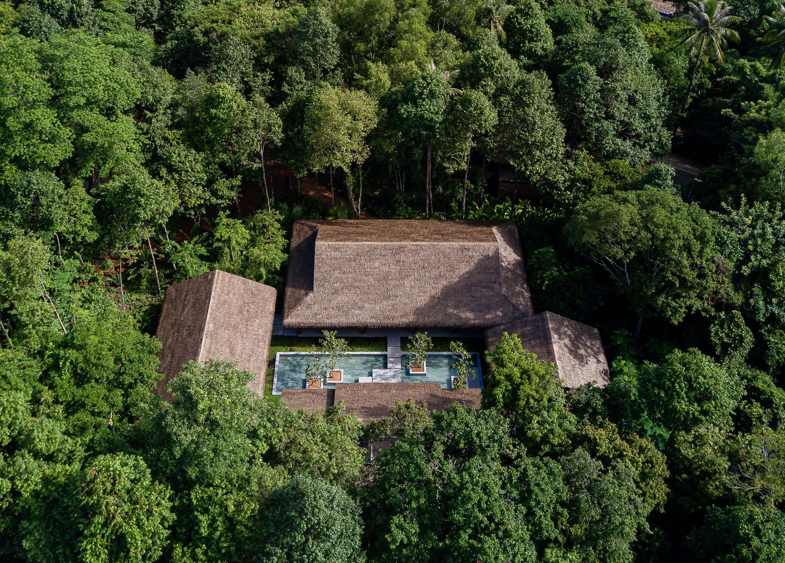 Aerial view of Mango Bay Spa nestled among lush greenery in Phú Quốc, Kiên Giang, VN.