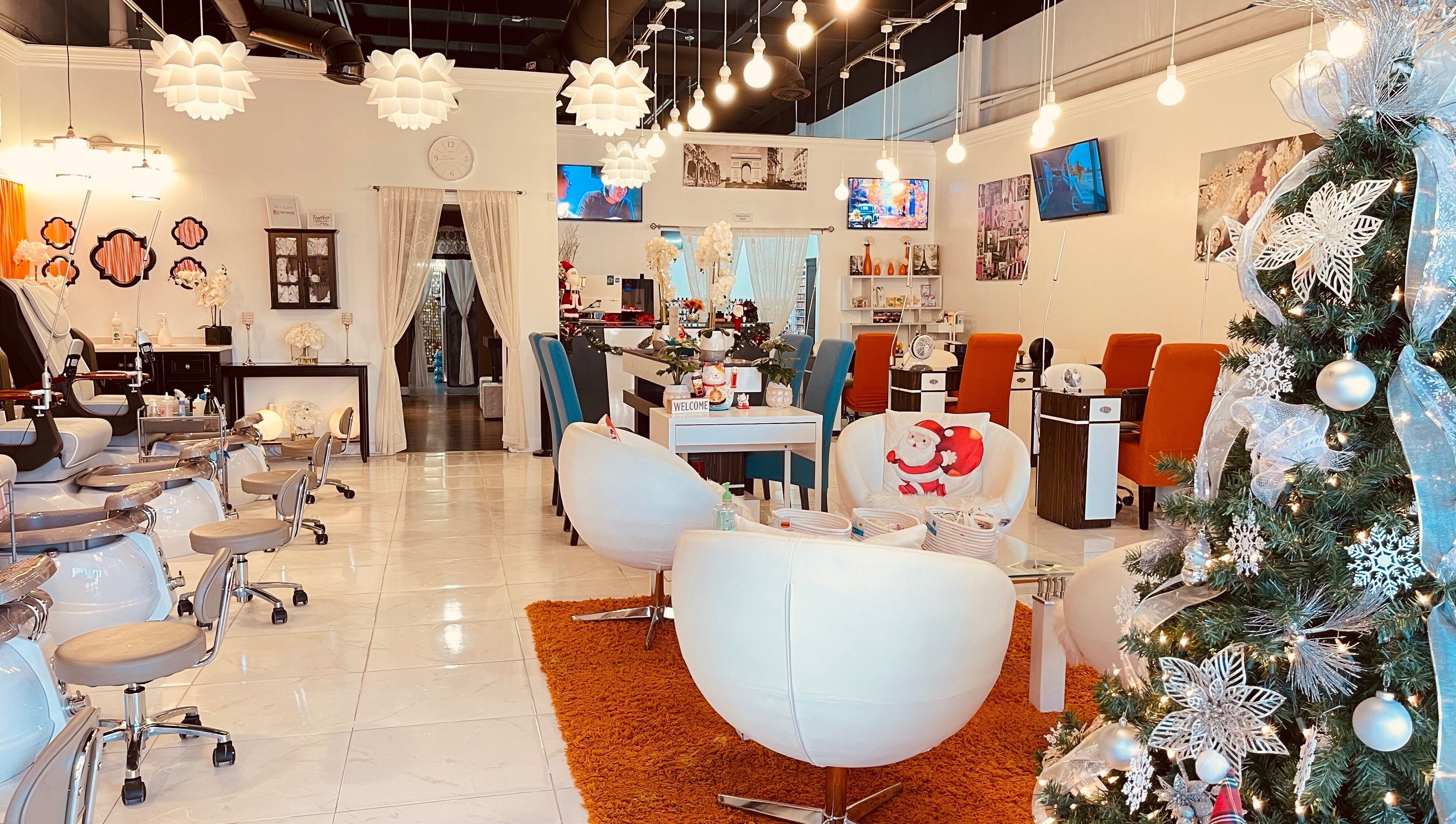 Festive salon interior at Together Nail Parlor, Suwanee, Georgia, US with elegant chairs and decorations.