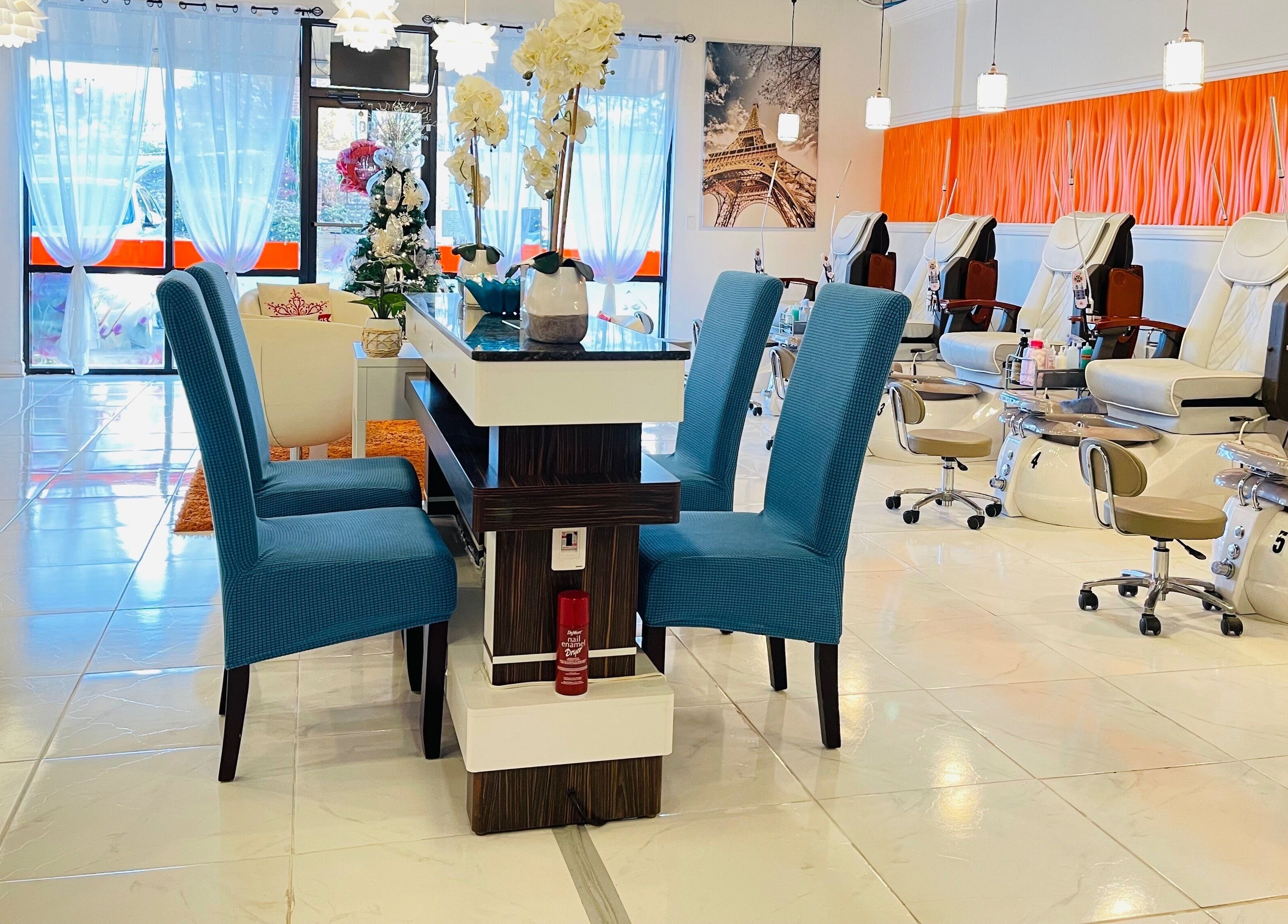 Modern pedicure area at Together Nail Parlor in Suwanee, Georgia, US, featuring stylish seating and decor.