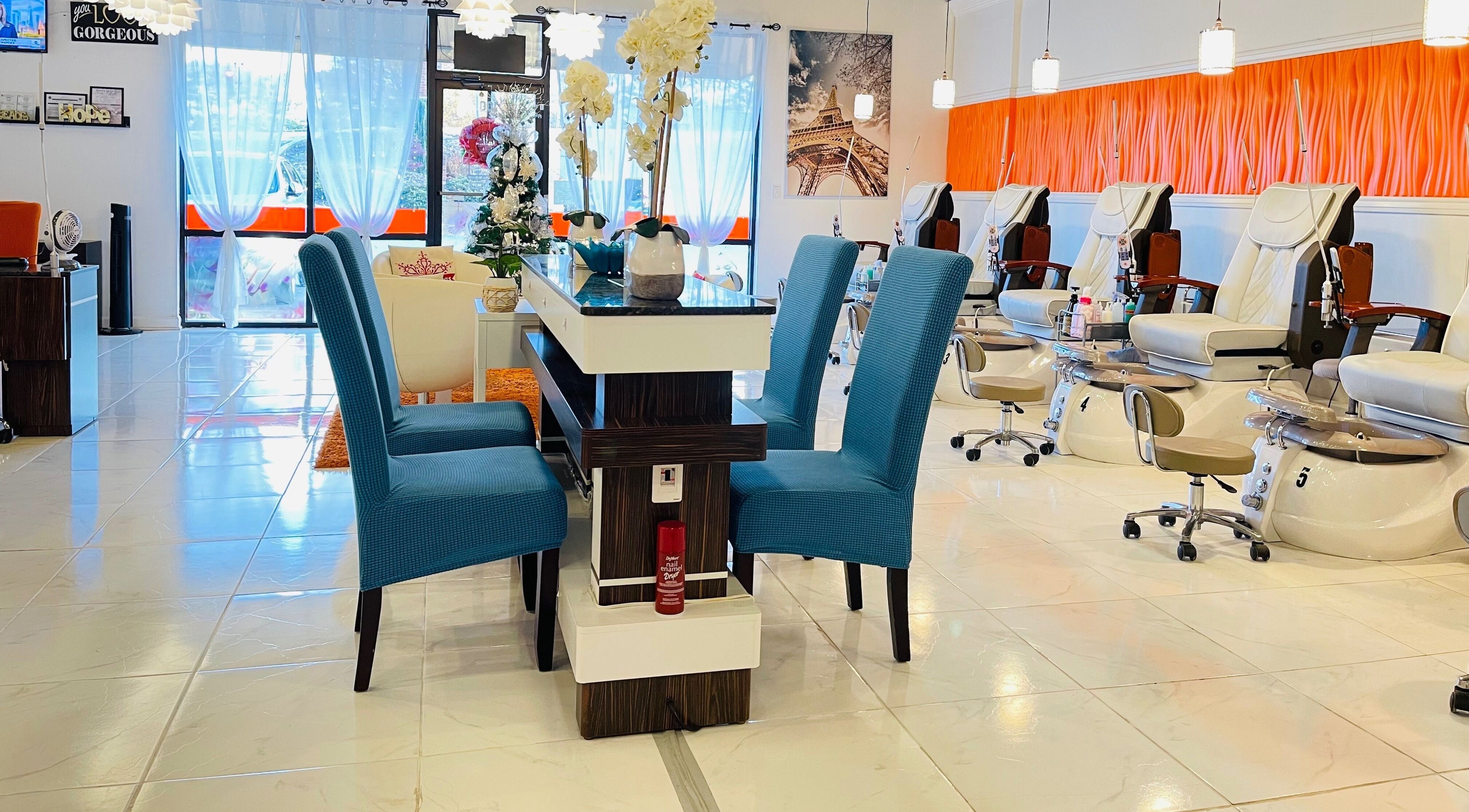 Modern pedicure area at Together Nail Parlor in Suwanee, Georgia, US, featuring stylish seating and decor.