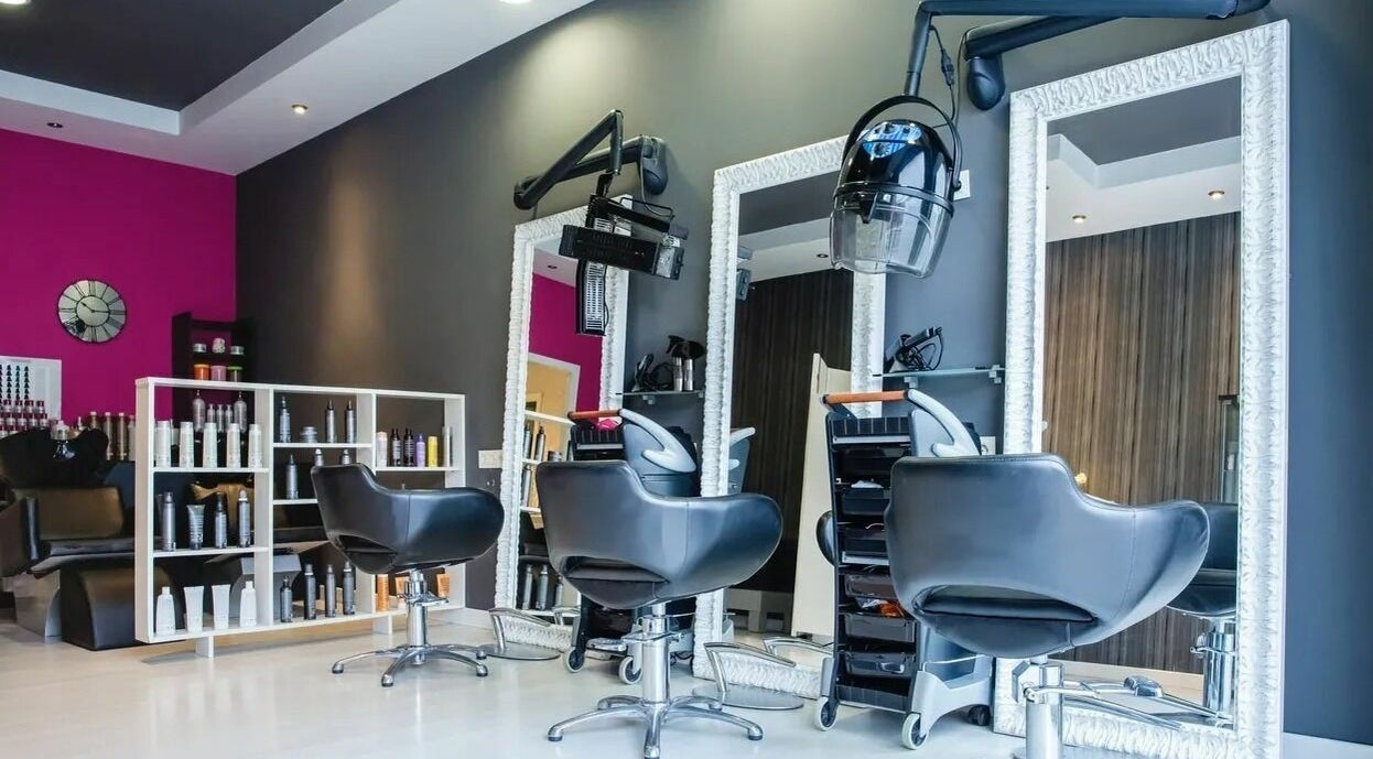 Modern styling stations at Kate's Hair Salon, Westwood, Massachusetts, US.