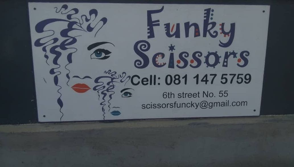 Funky Scissors salon sign in Walvis Bay, Erongo Region, NA highlighting contact info and chic logo design.