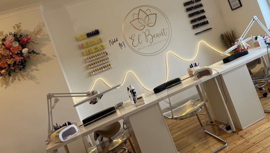 Elegant nail salon setup at El Beaut Beauty and Aesthetics in Huddersfield, England, GB featuring modern decor.