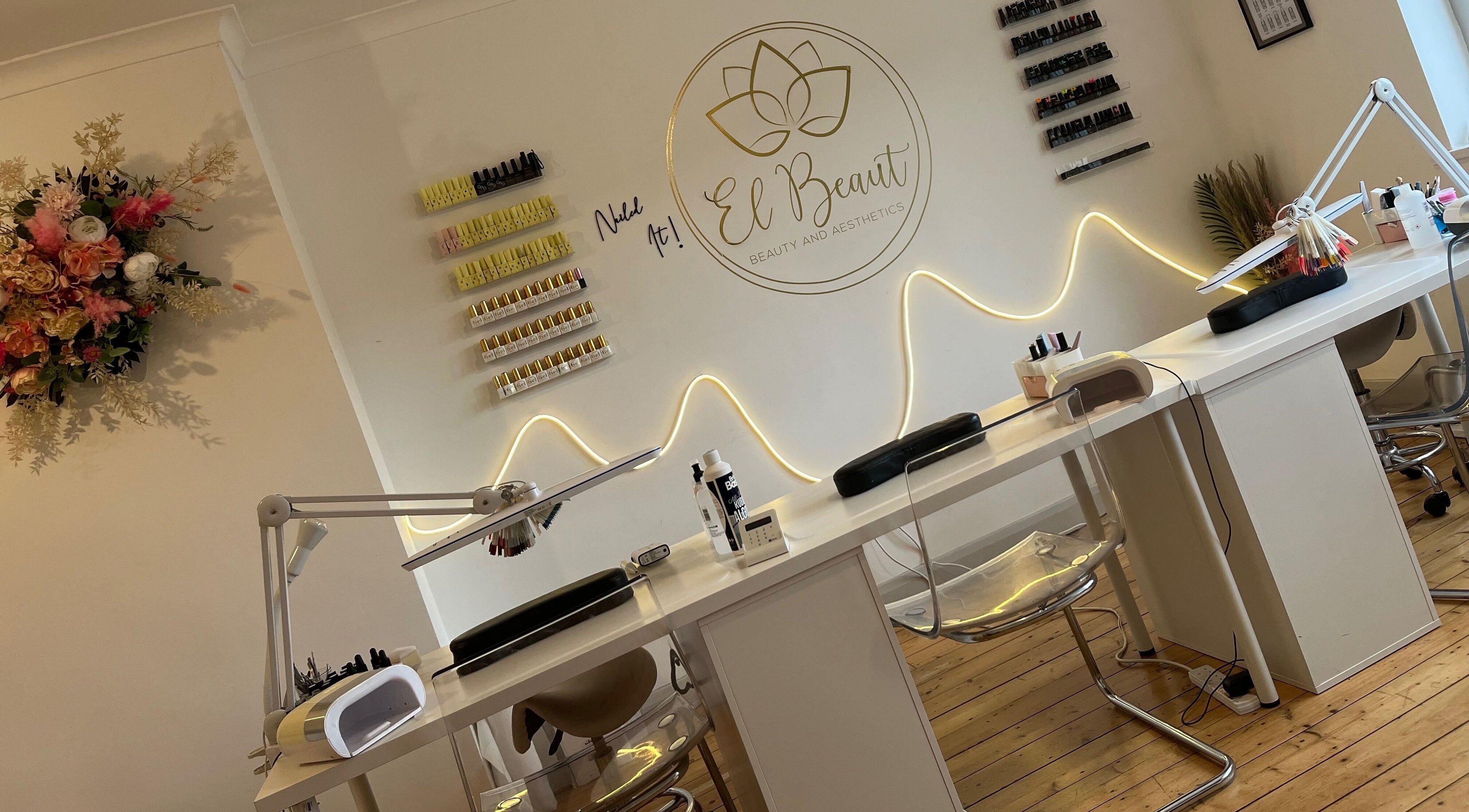 Elegant nail salon setup at El Beaut Beauty and Aesthetics in Huddersfield, England, GB featuring modern decor.