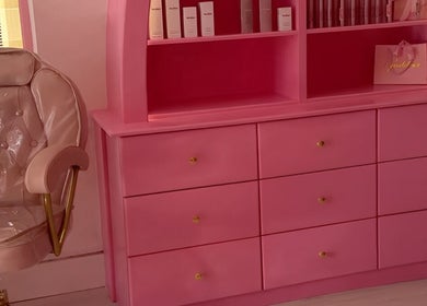 Luxurious pink chair and cabinet at Goddess Beauty Boutique, Guisborough, England, GB.