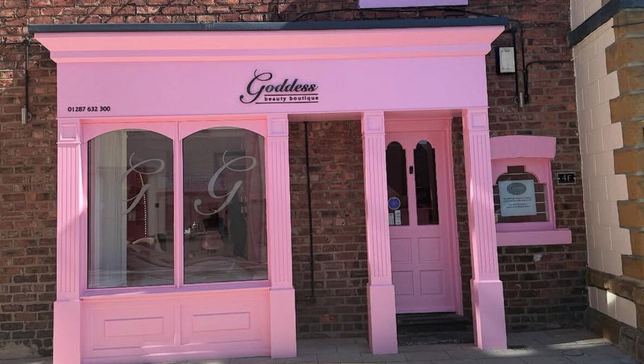 Exterior of Goddess Beauty Boutique in pink, located in Guisborough, England, GB.