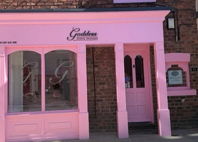 Exterior of Goddess Beauty Boutique in pink, located in Guisborough, England, GB.