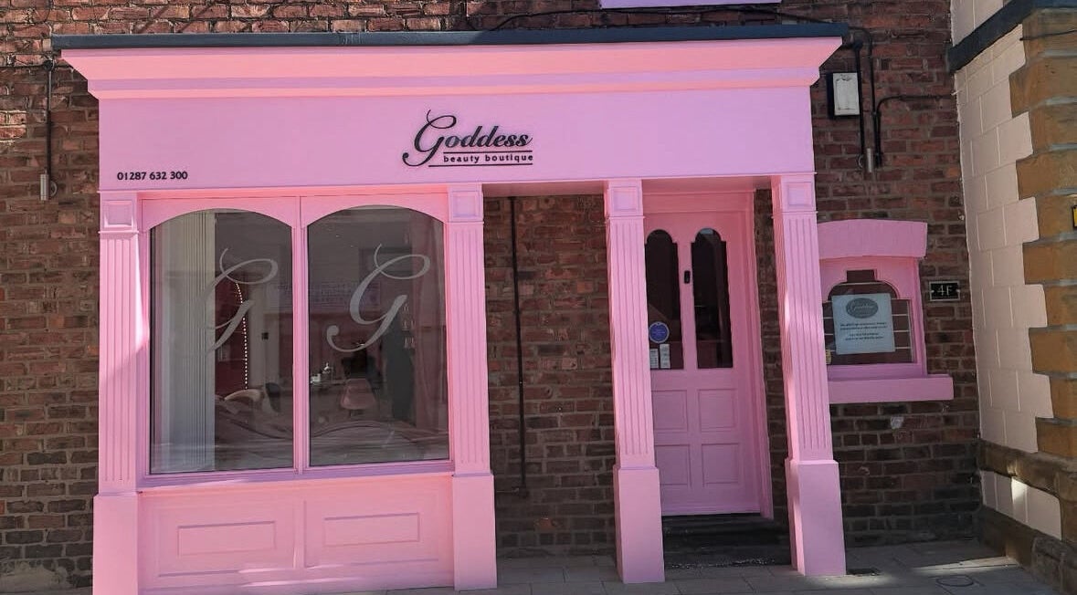 Exterior of Goddess Beauty Boutique in pink, located in Guisborough, England, GB.