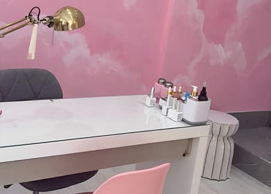 Chic beauty workstation at Goddess Beauty Boutique in Guisborough, England, GB with pink and gold accents.