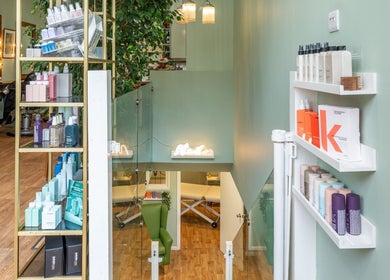 Lisa Hauck salon interior with beauty products in London, England, GB featuring elegant decor and treatments.