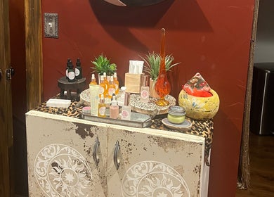 Display of beauty products at Mayra Elaine Beauty, Merrillville, Indiana, US.