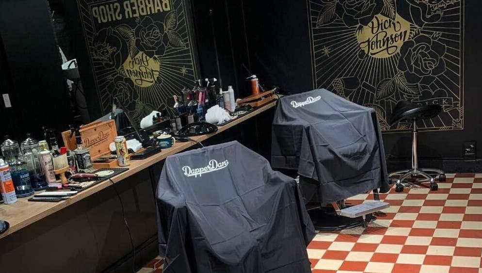 Styled interior of Dick Johnson | Turku showcasing chic barbershop chairs in Turku, FI.