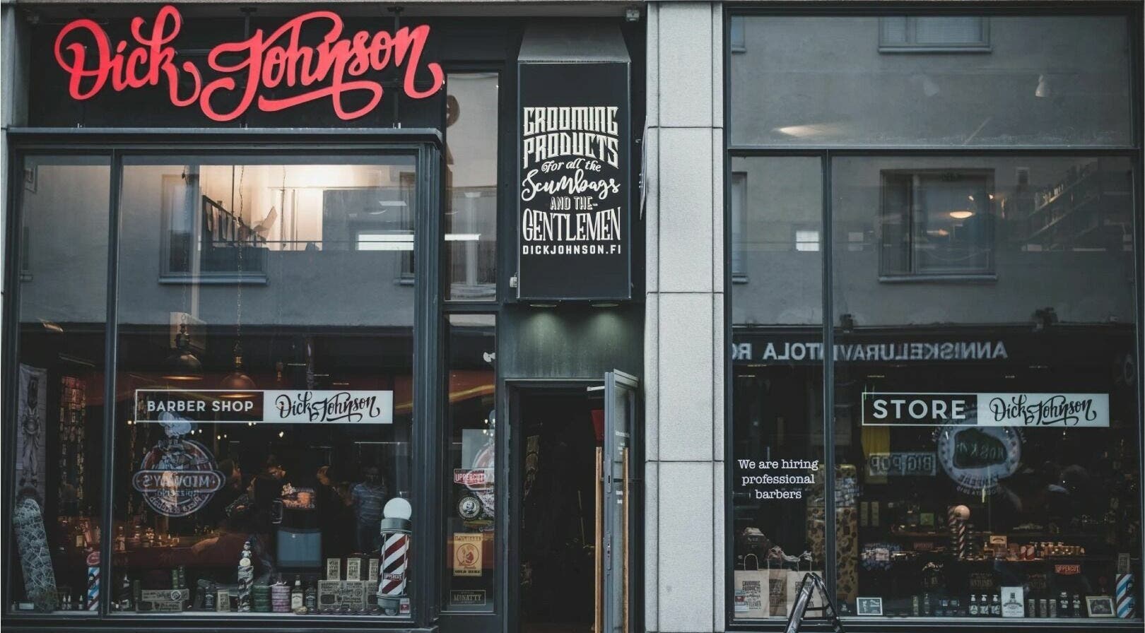 Exterior view of Dick Johnson | Turku, a barber shop in Turku, FI showcasing modern signage.