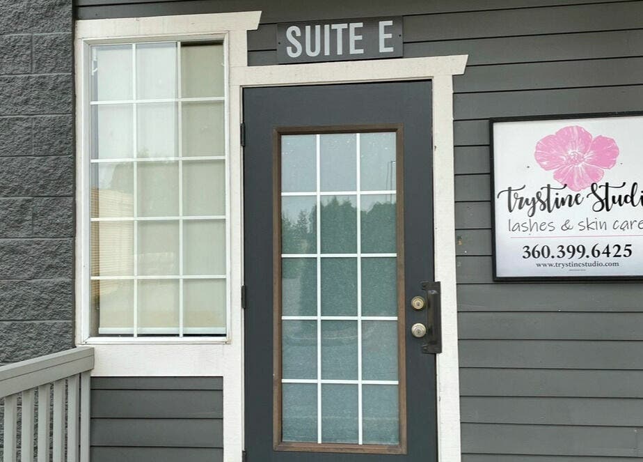 Entrance of Trystine Studio in Mount Vernon, Washington, US, featuring branded signage.