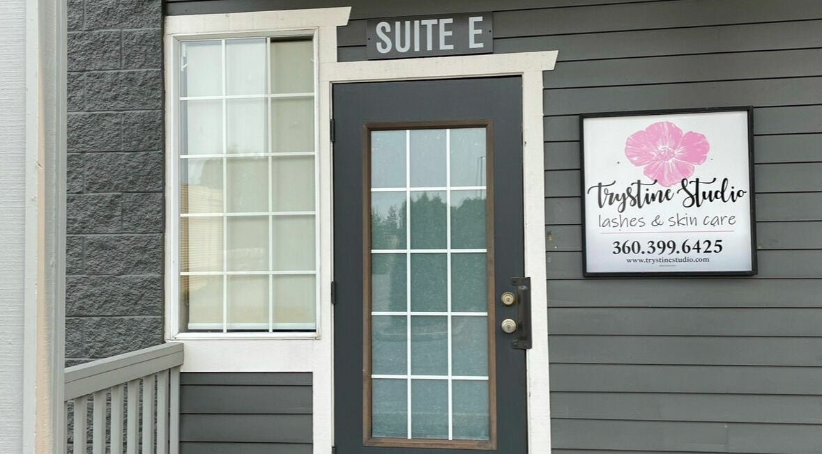 Entrance of Trystine Studio in Mount Vernon, Washington, US, featuring branded signage.