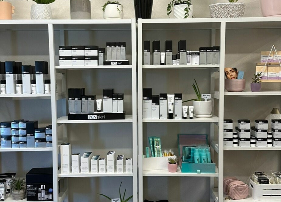 Shelves of skincare products at Trystine Studio Mount Vernon, Washington, US.