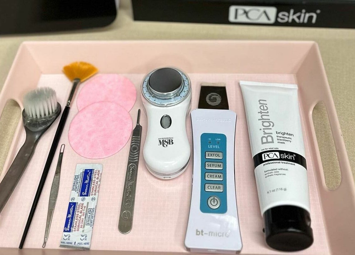 Facial treatment tools and PCA Skin products at Trystine Studio, Mount Vernon, Washington, US.