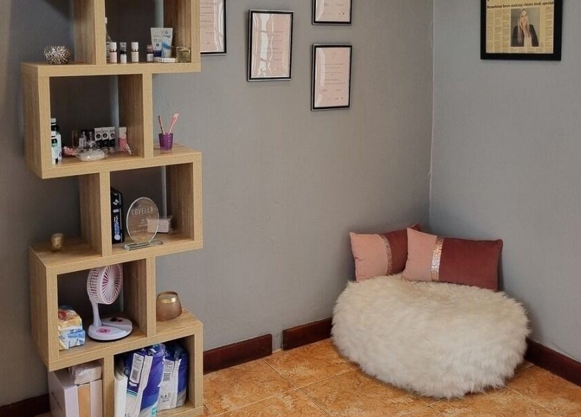 Chic reading nook and styled shelves at The Brow Room, Port Elizabeth, Eastern Cape, ZA.