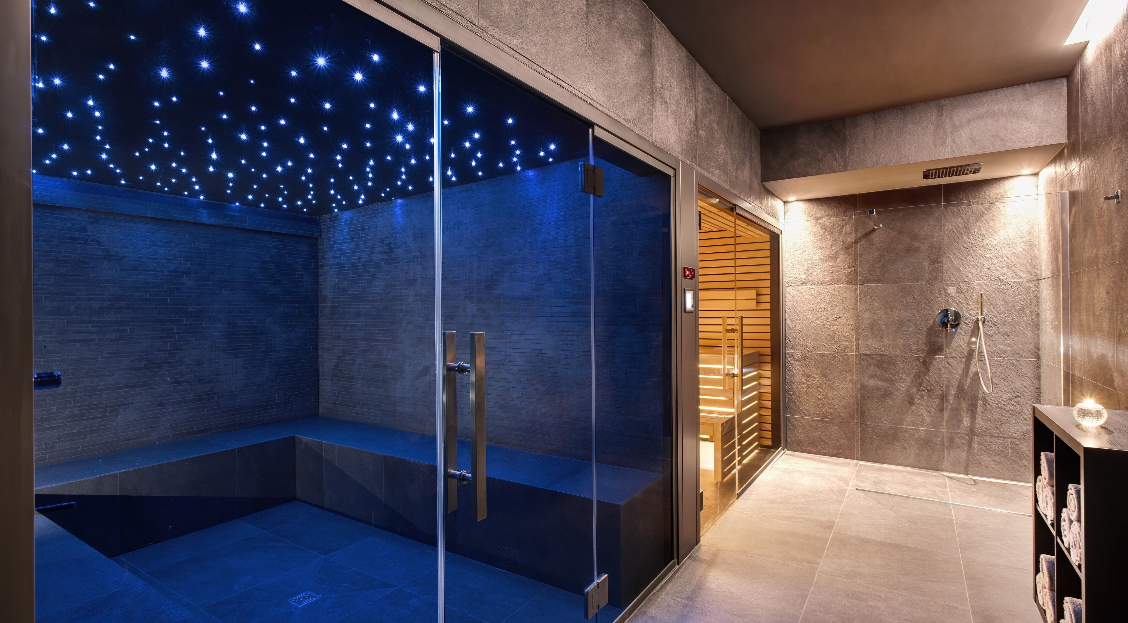 Hotel Splendide Royal's serene spa room with starry ceiling in Lugano, Ticino, CH.