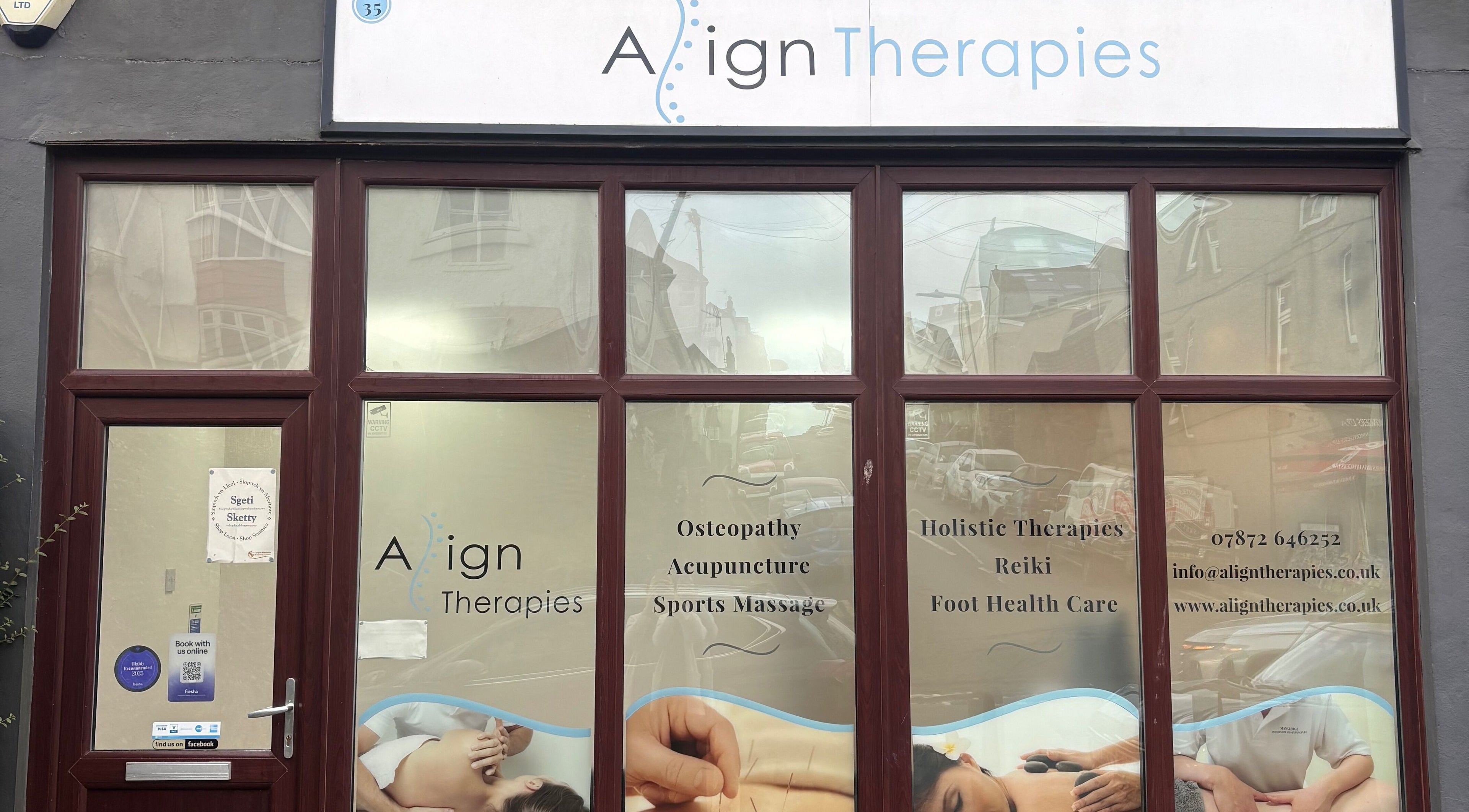 Front of Align Therapies - Sketty Clinic in Sketty, Wales, GB showing services like acupuncture and massage.