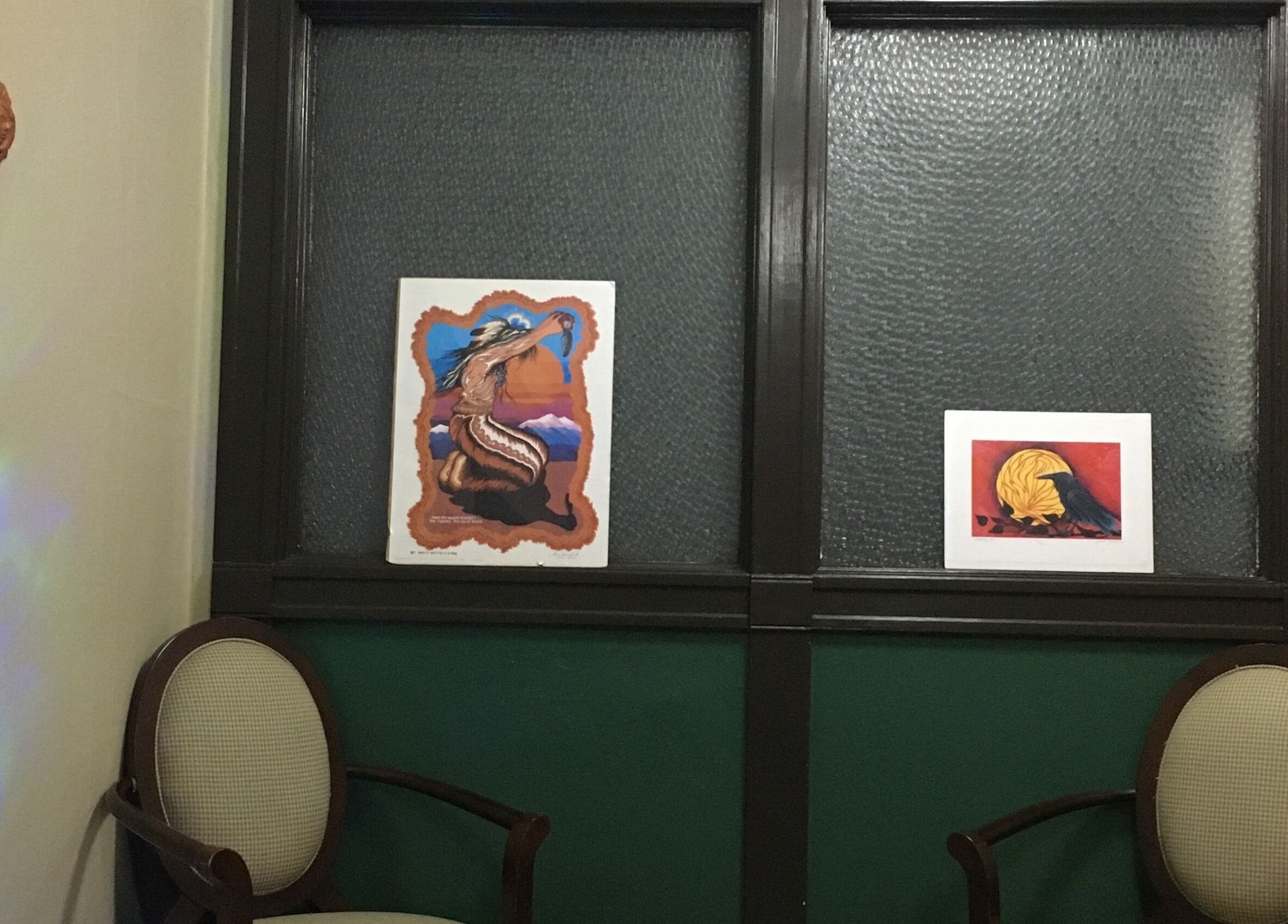 Cozy seating and art display at Free at Last, Thunder Bay, Ontario, CA, enhancing a tranquil ambiance.