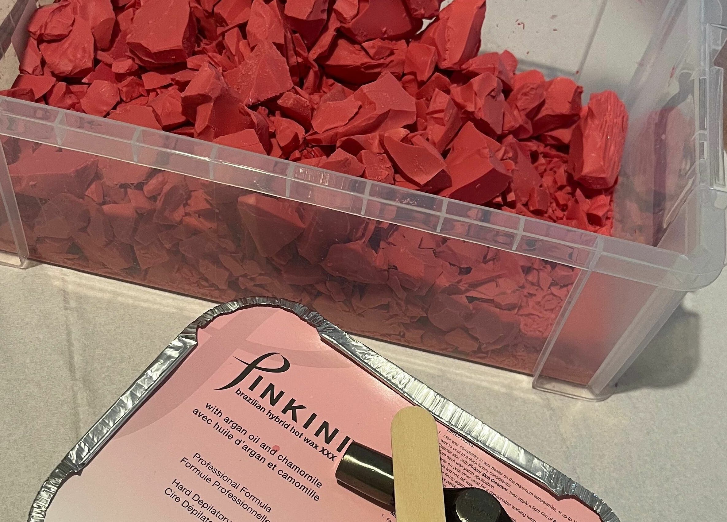 Pinkini waxing kit and wax pieces at Still Beauty in Rathdowney, County Laois, IE, ready for beauty treatments.