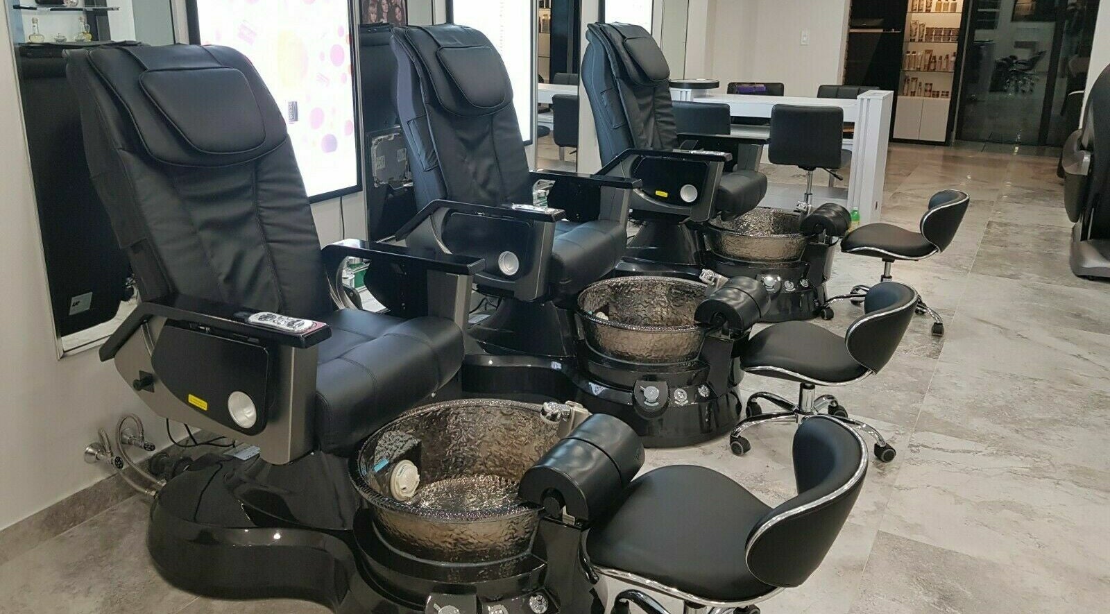Elegant pedicure chairs at Inlet Stream Beauty Salon and Day Spa, Flatts Village, Smiths Parish, BM.