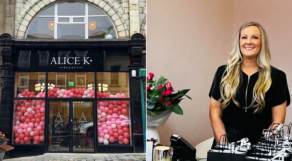 Alice K Beauty exterior with pink balloons and welcoming staff in Ballymena, Northern Ireland, GB.