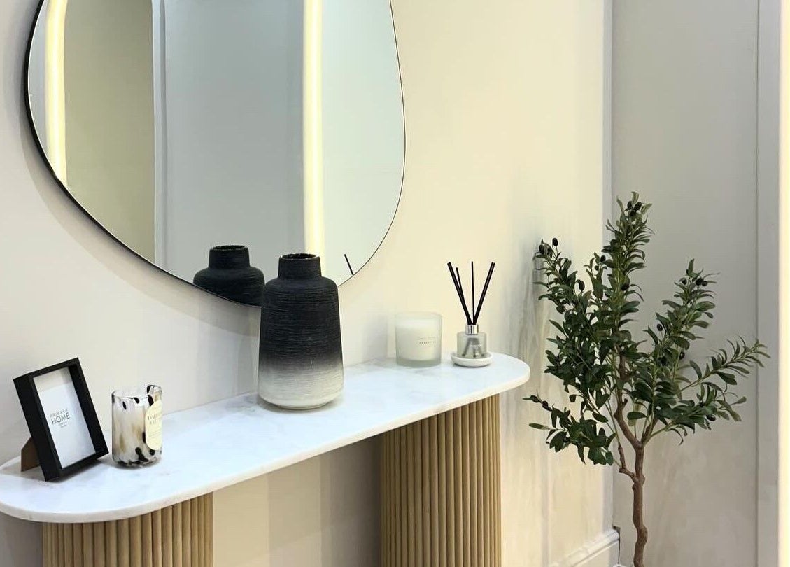 Stylish console table with modern decor at House of Coco, Northwich, England, GB.