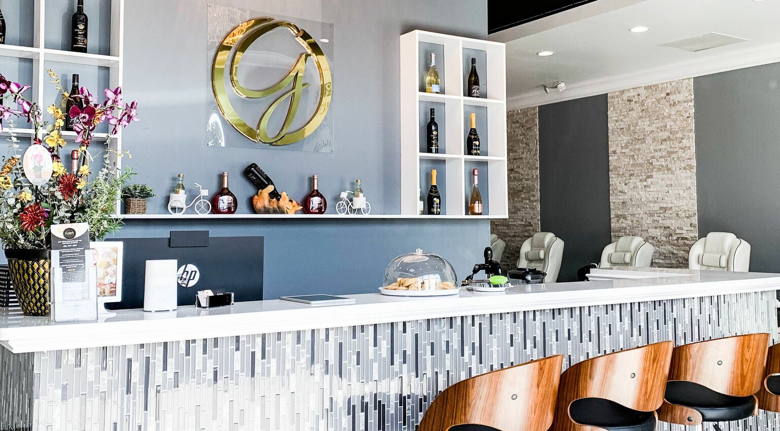 Modern interior of Gloss Nail Bar in Clover, South Carolina, featuring a stylish reception area.