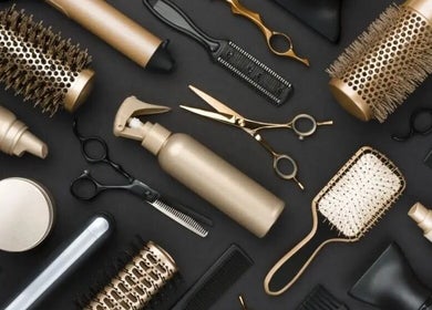 Professional hairdressing tools at Layered Locks LLC at The Beauty District Salon Suites, Phoenix, Arizona, US.